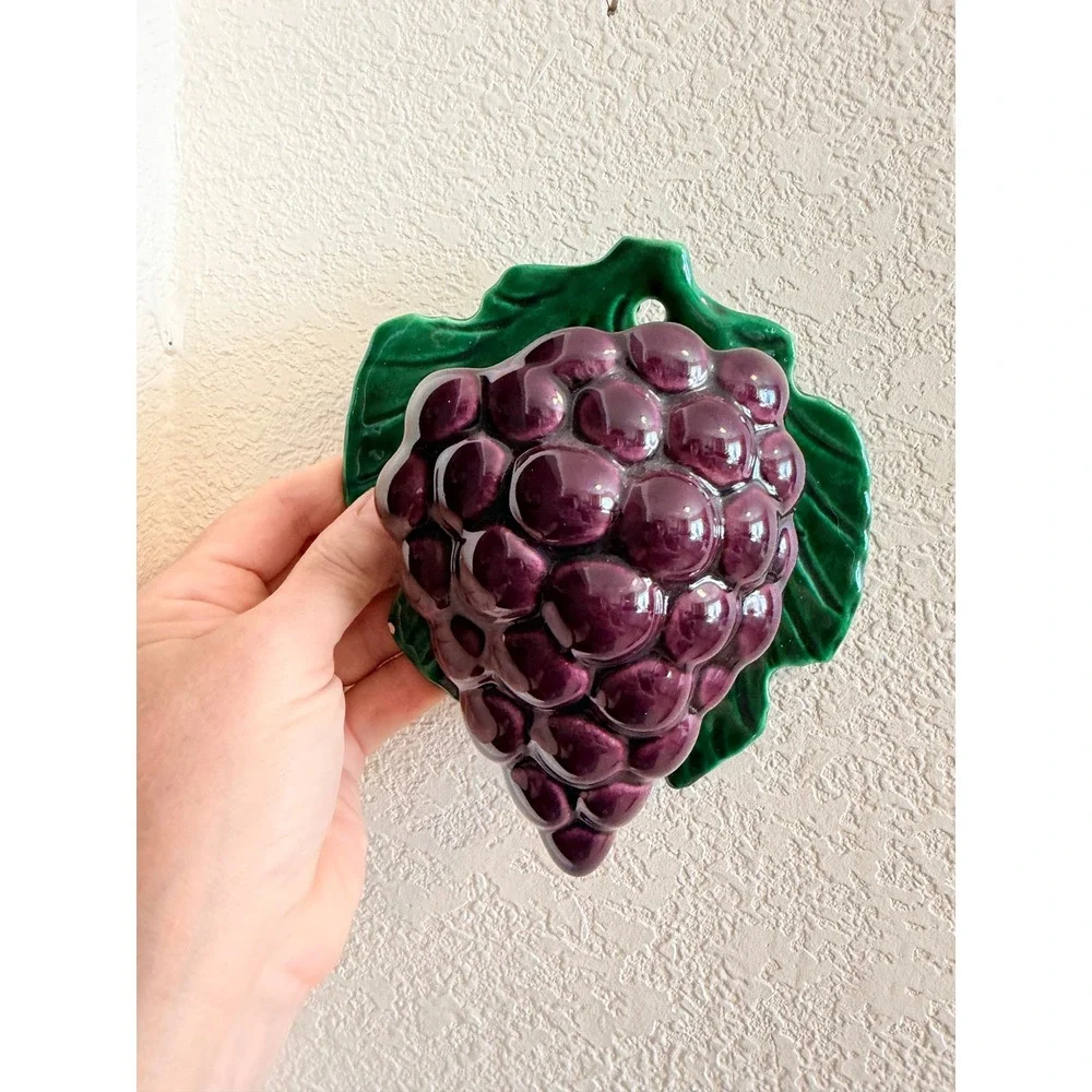 Vintage Ceramic Grape Wall Pocket Planter Purple Fruit Majolica Style Hanging